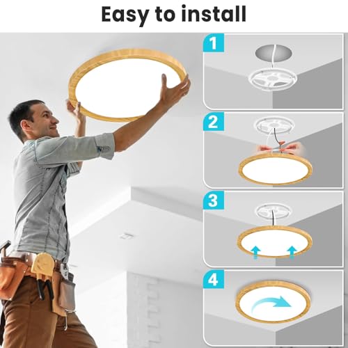 Image of libtit 2 Pack 12Inch Wooden LED Flush Mount Ceiling Light, 28W 3200lm Adjustable 3000K-6500K Color Temp | Round Lamp for Bathroom /Shower /Hallway /Kitchen