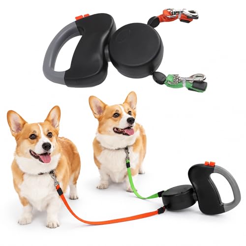 Laisse Double pour 2 Chiens, Laisse Chien Enrouleur 3 m avec Corde Rétractable, Double Laisse Extensible pour Petits Chiens, Gros Chiens et Animaux de Compagnie