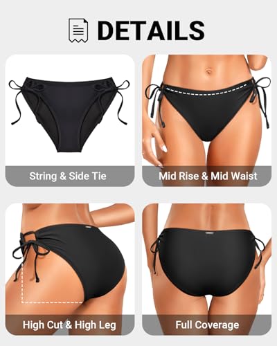 Zmart String Tie Side Bikini Bottoms - Women Full Coverage Swimsuit Bottom Mid Rise Mid Waist Swim Bathing Suit Bottom3