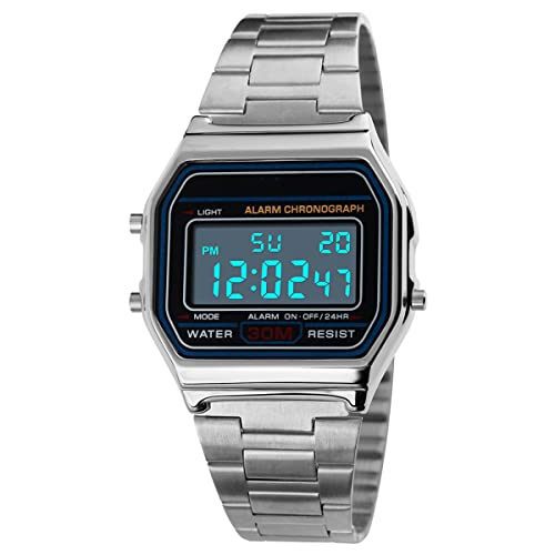 Digitaluhr für Herren, Erwachsene Digital Quarz Uhr Mit Edelstahlband, Digitale Sportuhr, wasserdichte Elektronische LED-Armbanduhr, Lässige Armbanduhren mit EL-Hintergrundbeleuchtung