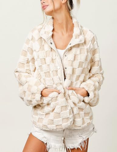chouyatou Women Winter Casual Checkered Fleece Jacket Fuzzy Oversized Sherpa Jacket Shacket Faux Fur Coat4