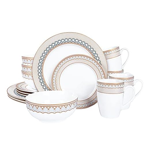 fanquare Vajilla Completa Moderna de Porcelana de 16 Piezas para 4 Personas, Cuencos y Platos y Vajilla de Color Gris con Escamas de Pescado