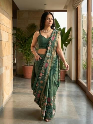 Image of SAMANTHA Black Floral Print Ready to Wear Linen Saree with Pocket & Adjustable Belt