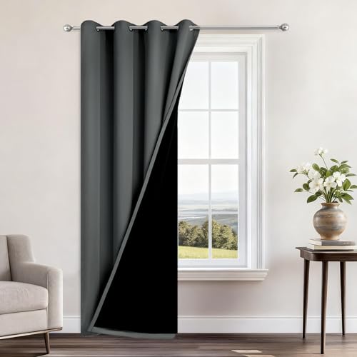 Image of Yakamok Dark Grey Blackout Curtains 84 inch Long for Bedroom 52 inch Wide 1 Panel | Blackout Curtain Panels for Bedroom, 2 Thick Layers Grommet Top Thermal Insulated Drapes with Black Liner for Living Room