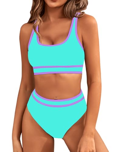 BMJL Womens Tummy Control Swimsuit High Waisted Two Piece Bikini Sets Athletic Color Block High Cut Swimwear(L,Sport Blue)