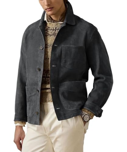 Hide & Seek Men's Vintage Shirt Collar Classic Button-Up Design Casual Long-Sleeve Suede Leather Jacket2