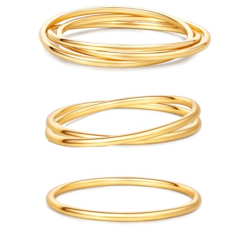 YIKOXI 3Pcs 14K Gold Filled Rings for Women 1mm Interlocked Rolling Ring for Women Stacking Gold Band (3Pcs Gold Rings, 9)