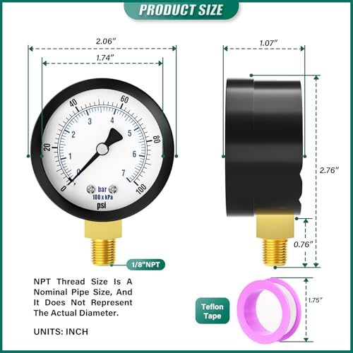 Image of 0-100PSI Well Pump Pressure Gauge 2 inch Dial Size, 1 /8 inch NPT Lower Mount, 3-2-3% Accuracy, for Tube, Water Pump, Gas, Liquid, Pressure Test