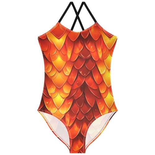 Pigsaly Girls One Piece Swimsuits Red Fire Dragon Skin Kids Cross Back Swimwear Toddler Beach Sport Bathing Suit 3T