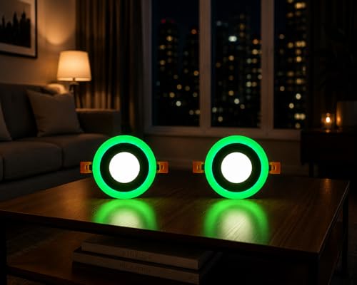 Image of OLIPS 6W (3+3) LED Ceiling Panel Down Light | Dual Color Change by On /Off Switch | Fan Box POP Decorative LED | White Center & Color Ring Design (Green, 2)