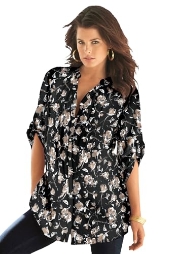 Roaman's Women's Plus Size Plus Size Floral Y-Neck Pintuck Tunic – Adjustable Long Sleeve Button-Front, Relaxed Shirt Style