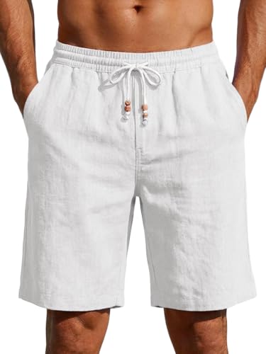 Runcati Short court léger en lin pour homme - Couleur unie - En coton - Short d'été - Chino - Sport - Plage - Pantalon de loisirs avec taille élastique et poches, Blanc., M