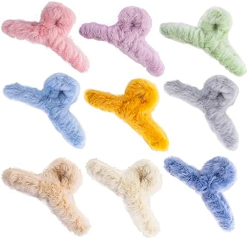 9PCS Fluffy Plush Hair Claw Clips, ALYCLIP Colorful Winter Hair Barrettes 4.2 Inch Large Non-Slip Hair Clips Super Grip Elegant Hair Accessories for Girls Woman Thick Long Hairs