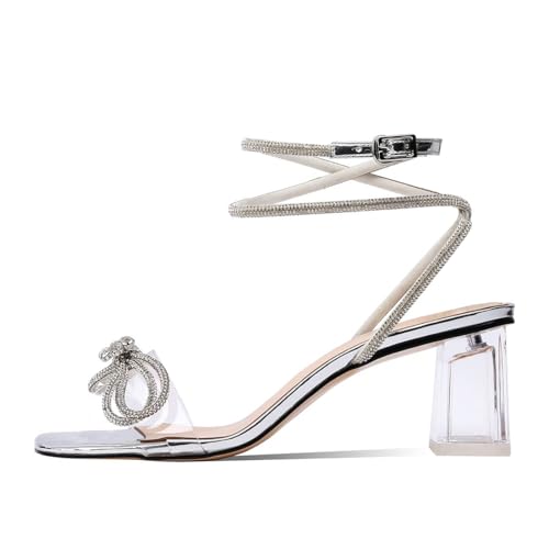XINIUNIU Clear Bow Heels for Women Rhinestone Heeled Sandals Strap Transparent Crystal Square Toe Block Chunky Heels 2.5 Inch Dress Wedding Shoes3