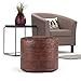 UKN Transitional Round Pouf in Distressed Brown Leather Abstract Modern Contemporary Pattern Textured Handmade