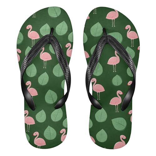 ALAZA Cute Flamingo Green Leaf Flip Flops for Women Fashion Beach Slippers Comfort Mens Flip Flops Non-Slip Rubber Shower Slippers Sandal for Hotel Travel Sport,XS