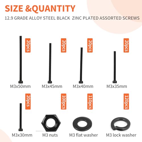 CARLWIN Kit de Parafusos M3 430Pcs, Parafusos M3 X 30 Mm / 35 Mm / 40 Mm / 45 Mm / 50 Mm Premium par