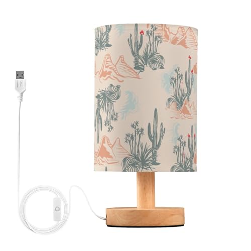 Image of Oarencol Bedside Table Lamp Western Desert Cactus Mountains Nightstand Lamp with Wood Desk Lamps for Bedroom Living Room Nursery Office Home Decor