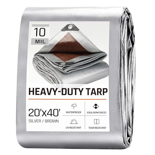 20 x 40 FT Waterproof Heavy Duty Tarp 10 Mil Thick Outdoor Furniture Covers Plastic Insulated Tarpaulin for Camping Tent Roof Boat Patio Pool Cover Large & Small Multi-Size Tarps Silver/Brown