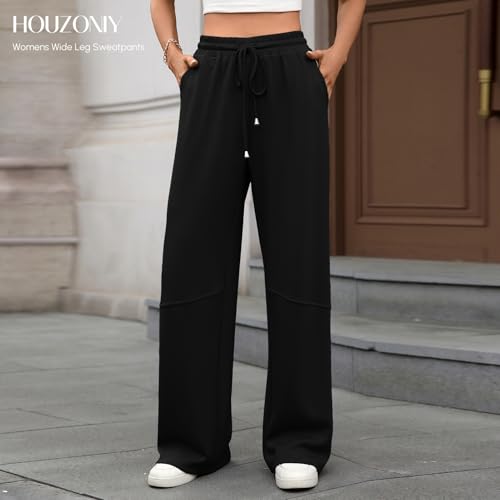 HOUZONIY Womens Wide Leg Sweatpants High Waisted Drawstring Straight Leg Baggy Comfy Casual Trendy Pull On Pockets Pants4