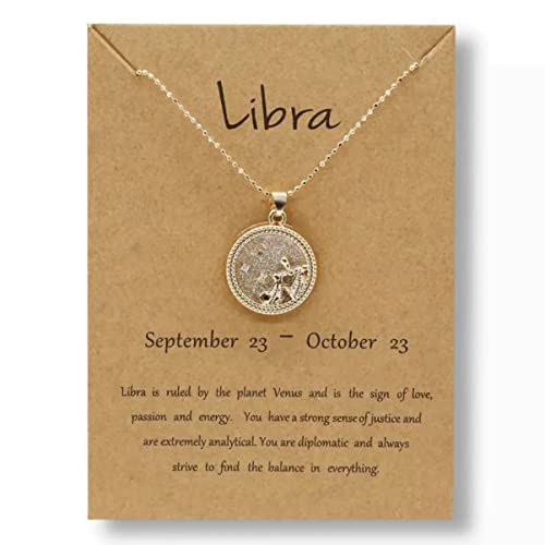 Gold Star Sign Coin Charm Pendant Chain Necklace – Day – Libra (23rd September - 23rd October) - Zodiac Constellation Horoscope Celestial Astrology Jewellery - Women Men Gift