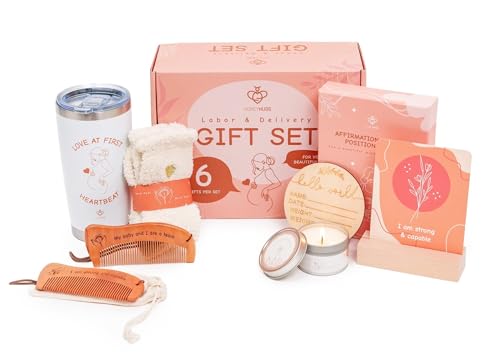 Image of Labor and Delivery Essentials for Pregnant Women - Expecting Mom Gifts with Labor Comb, Pregnancy Socks, Affirmation and Labor Prep Position Cards, Candle, Tumbler and More