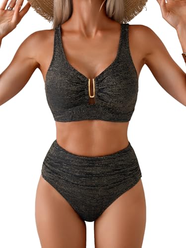 Image of Eomenie Bikini Sets for Women High Waisted Two Piece Bathing Suit U Wired V Neck Swimsuit Adjustable Straps Swimwear