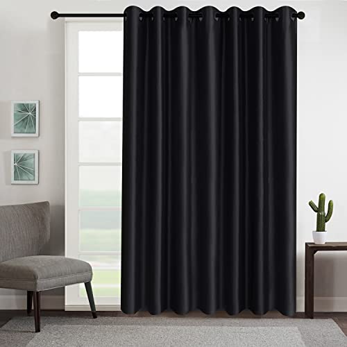Image of GYROHOME Extra Wide Blackout Curtain for Sliding Glass Door, Faux Silk Blackout Curtains Fully Lined Solid Window Treatment Drapes (1Panel,100x120inch,Black)