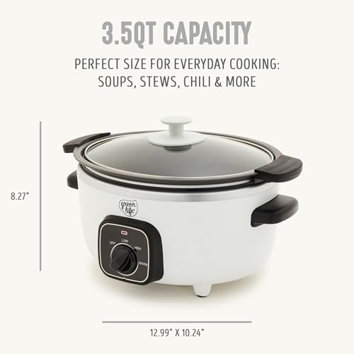 Image of GreenLife 3.5QT Slow Cooker, PFAS-Free Non-Toxic Ceramic Nonstick Removable Interior Bowl, Programmable, Keep Warm, Stovetop & Oven Safe Pot, Dishwasher Safe Crock & Glass Lid, White