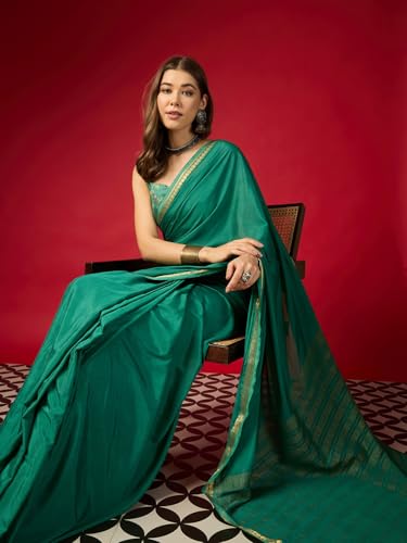 Image of AKHILAM Women's Mysore Silk Ethnic Motif Printed Saree With Unstitched Blouse Piece