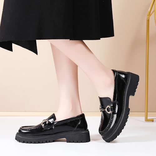 Image of Loafers for Women Chunky Loafers Women Womens Loafer Shoes Platform Heel | Comfortable Leather Penny Buckle Chain Non-Slip Work Dress Business Casual Office Formal School Ladies Women's Slip-On