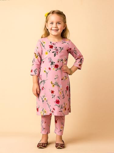 Image of A.T.U.N. (ALL THINGS UBER NICE) Girls Printed 3 /4 Sleeve Kurti and Pant Set | Stylish Traditional Ethnic Wear Salwar Suit Set for All Ocassions