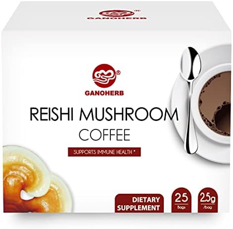 GANOHERB Reishi Mushroom Coffee Mix, Organic Instant Ganoderma Cafe with 100% Natural Ganoderma Lucidum Lingzhi Black Coffee for Stress Relief Better Focus Immune Support, Mix Flavor No Sugar 25 Bag