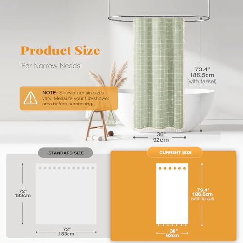 Image of BTTN Boho Shower Stall Curtain - 36x72 Narrow Linen Ultra Thick Tassel Fabric Shower Curtain Set with 6 Plastic Hooks, Half Modern Farmhouse Country Weighted Shower Curtains for Bathroom - Sage Green
