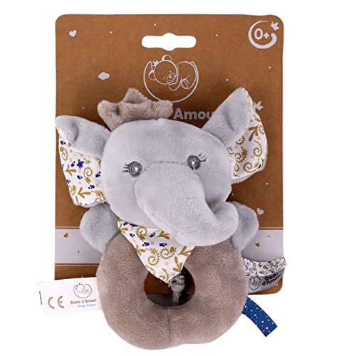 Dodo d'AMOUR - Schüttel-Plüschtier - Elefant - 032291 - Beige - Fleece - Geburt - Plüsch - Baby - Beruhigend - Weich - Waschbar - 13 cm x 10 cm - Ab 0 Monaten