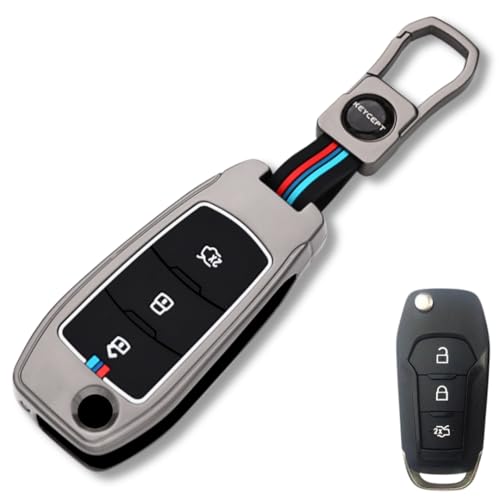 Image of KEYCEPT Metal Key Cover Compatible for Ford Figo, Aspire, Endeavour Flip Key 3 Button Flip Key with Keychain (Short Keychain).