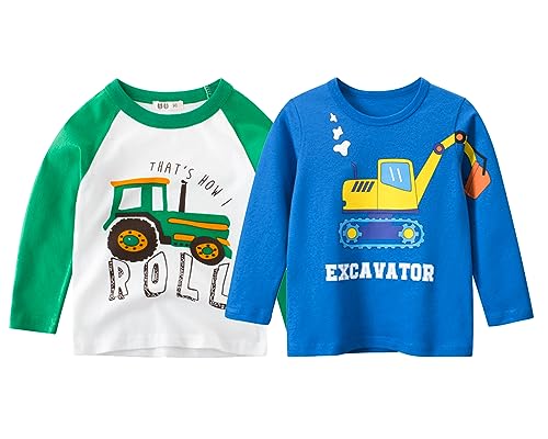 Boys Long Sleeve Tshirts Kids Casual Cotton Shirts Set Graphic Active Tee Tops for Autumn Spring 2 Pack