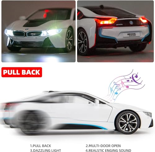 Image of Invite Enterprise 1:24 Diecast Model Alloy BMW I8 Metal Pull Back Car With Sound & Light, 4 Openable Doors, Toy Car For Kids Gift [B M W I8-Black]