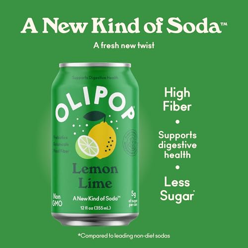 Image of OLIPOP Prebiotic Soda Pop,Lemon Lime,Pantry Pack Packed with Prebiotics,Fiber,and Botanicals,Gluten Free,Vegan,GMO Free,12oz,(Pack of 24)