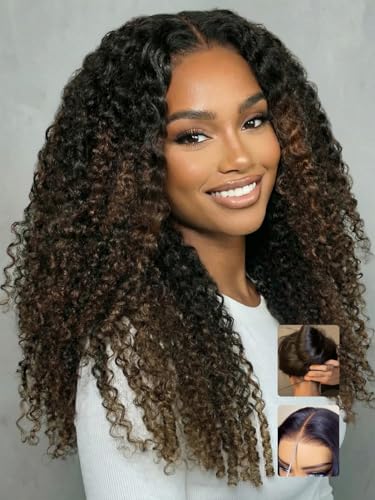 Image of Sunber Black to Chestnut Brown Ombre Curly Human Hair Glueless Wig With With Finger Coily Ends Bye Bye Knots Pre Cut 7X5 Lace Front Drawstring Wig Burmese Curly Wigs Pre Plunked Invisible Knots 20Inch