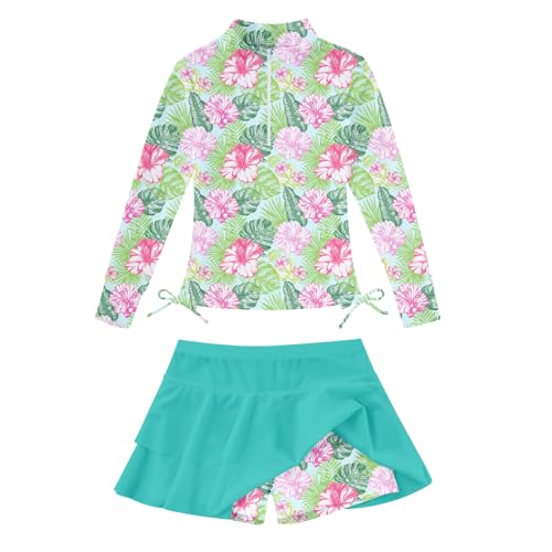 Image of Vogseek 3-12T Girls Rash Guard 2 Pieces Bathing Suit Long Sleeve Swimsuit Swimming Skirt with Shorts Swimwear
