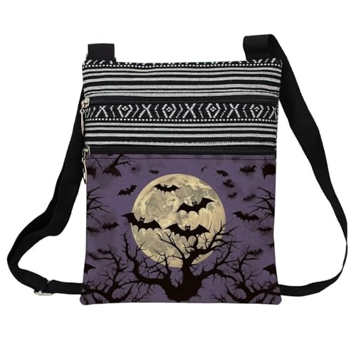 Halloween Night Bat Messenger Bag Small Ethnic Pattern Printed Adjustable Strap Crossbody Zipper Bag Halloween Night Bat Phone Bag Wallet Cute Shoulder Handbag for Women