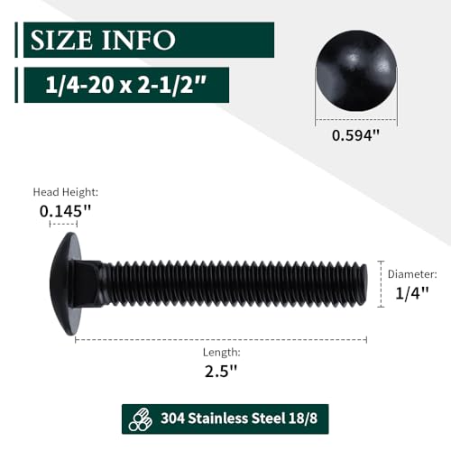 Image of 1 /4-20 x 2-1 /2 inch Black Steel Carriage Bolts, 304 Stainless Steel 18-8, Round Domed Head Square Neck Carriage Bolts Screws, Coarse Thread UNC, 20 PCS