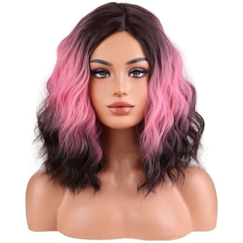 Image of BERON Hot Pink Ombre Brown Wigs Short Curly Wave Wigs for Women and Girls Shoulder Length Wavy Heat Resistant Synthetic Wig Cosplay Costume Party or Daily