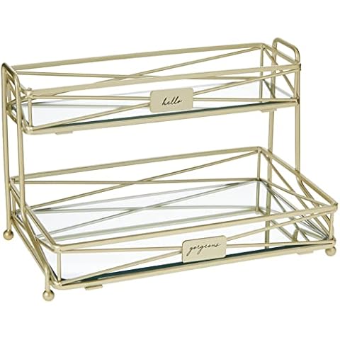 Home Details 2 Tier Mirrored, Perfect for Perfumes, Jewelry, Makeup, Cosmetic Organizer, Stylish Decor in Satin Gold Vanity Tower Cover