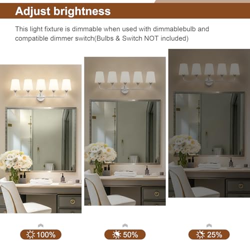 Image of Bathroom Vanity Light Brushed Nickel Bathroom Lighting Fixtures Over Mirror | 5-Light Bathroom Light Fixtures with Flared White Fabric Shade, E26 Socket (ETL Listed)