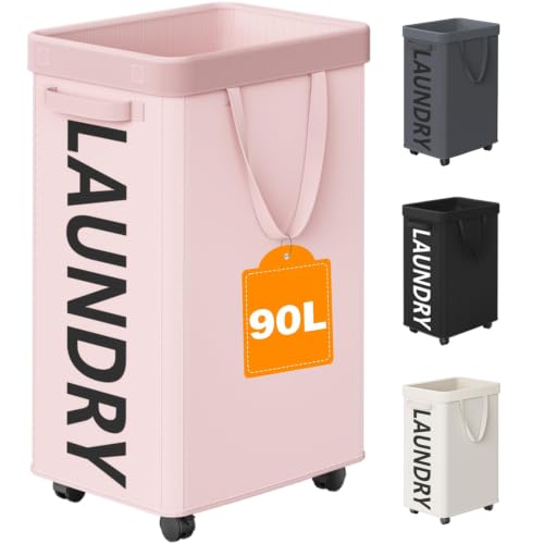 Optish Pink Laundry Basket with Wheels, Dorm Room Essentials Girl, 90L Rolling Laundry Hamper with Wheels, Large Clothes Hamper on Wheel with Removable Mesh Bag for Bedroom, Dorm