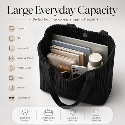 Image of Kawn Korean Tote Bag Aesthetic Corduroy Canvas Handbag for Women Zipper Casual Large Capacity Shoulder Bag with Pockets Versatile Everyday use for College Work Travel & Shopping