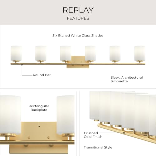 Image of Progress Lighting Replay 48 Inch 6-Light Vanity Light, Transitional, Brushed Gold with Etched Glass Shades, (7.875 inch H x 48 inch W x 6 inch D), P300385-191