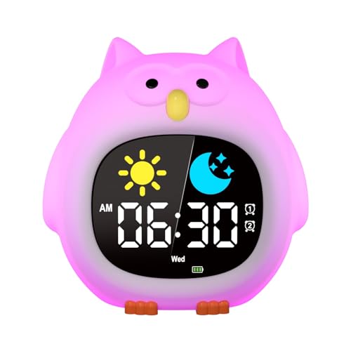 YISSVIC Despertador Infantil Reloj Despertador Digital con 4 Niveles de Brillo Ajustables 7 Colores de Luz 2 Grupos de Alarmas con Función de Repetición, Recargable para Infantil Adulto- Búho